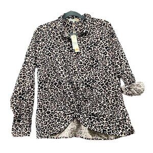 NWT C&C California Popover Top Womens M Leopard Print Pink Roll Tab Twsit Front